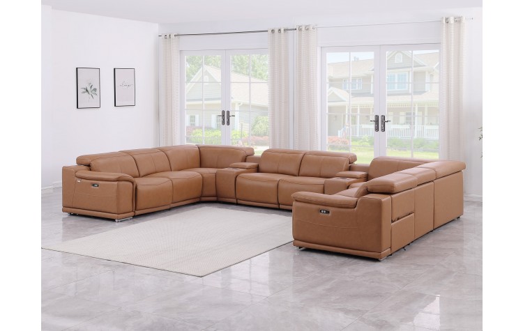 9762 DivanItalia Cognac 10-Piece Sectional Top Grain Italian Leather with 4 Power Recliners and 2 Consoles