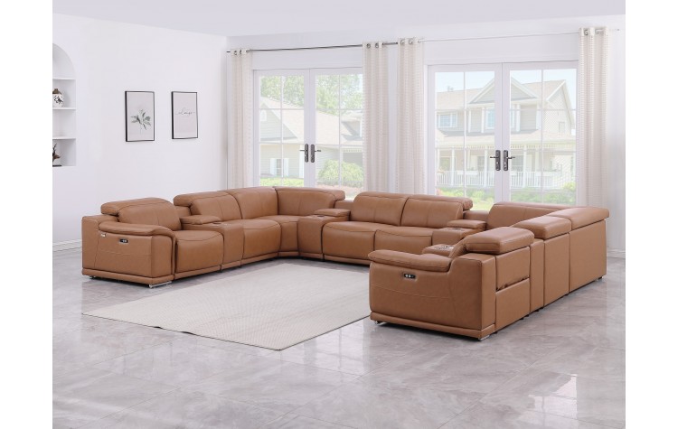 9762 DivanItalia Cognac 12-Piece Sectional Top Grain Italian Leather with 4 Power Recliners and 4 Consoles