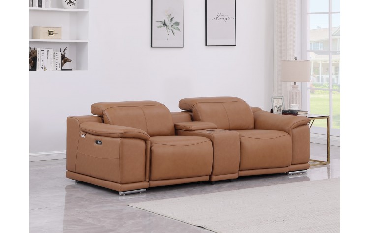 9762 DivanItalia Cognac Modular Power Reclining Loveseat Top Grain Italian Leather