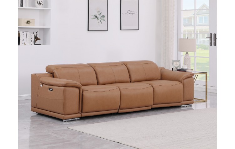 9762 DivanItalia Cognac Top Grain Italian Leather Power Reclining Sofa with Dual Recliners