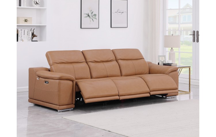 9762 DivanItalia Cognac 3-Piece Modular Power Reclining Sofa Top Grain Italian Leather