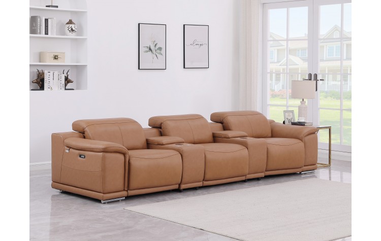 9762 DivanItalia Cognac 5-Piece Modular Power Reclining Sofa Top Grain Italian Leather