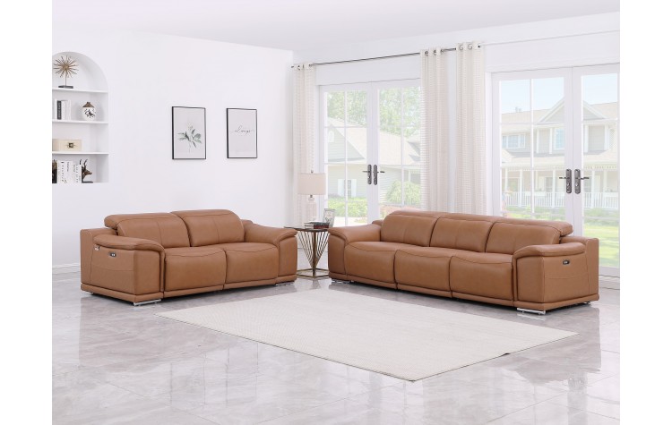 9762 DivanItalia Cognac Modular Power Reclining Sofa and Loveseat Set in Top Grain Italian Leather