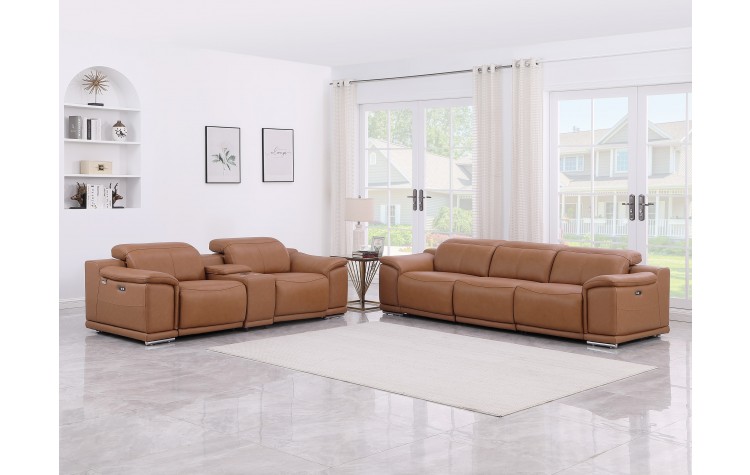 9762 DivanItalia Cognac 6-Piece Modular Power Reclining Sofa and Loveseat Set Top Grain Italian Leather