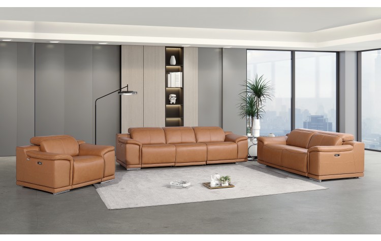9762 DivanItalia Cognac 6-Piece Modular Power Reclining Sofa Loveseat and Chair Set 6 Recliners Top Grain Italian Leather