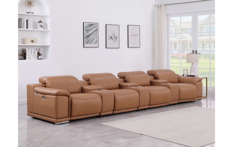 9762 DivanItalia Cognac 7-Piece Modular Power Reclining Sofa Top Grain Italian Leather
