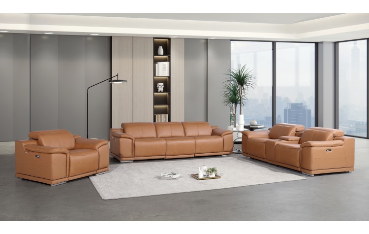 9762 DivanItalia Cognac 7-Piece Modular Power Reclining Sofa Loveseat and Chair Set 6 Recliners Top Grain Italian Leather