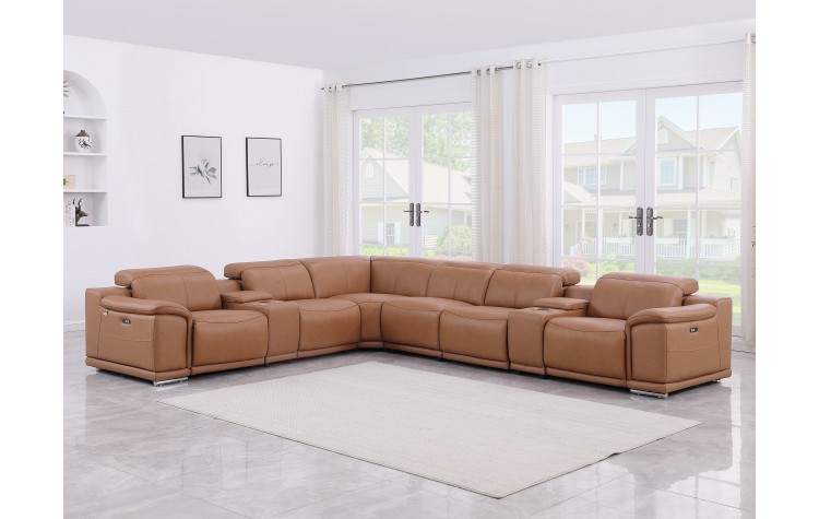 9762 DivanItalia Cognac 8-Piece Sectional with 3 Power Recliners and 2 Console Top Grain Italian Leather