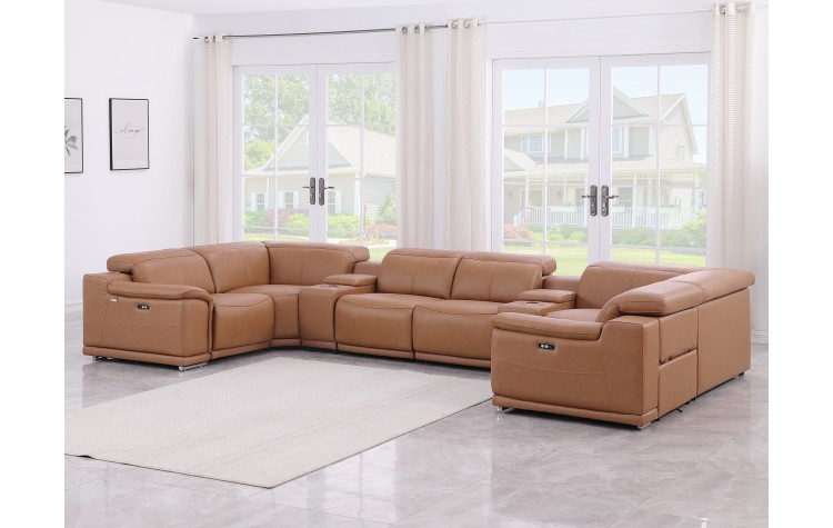 9762 DivanItalia Cognac 8-Piece Sectional Top Grain Italian Leather with 4 Power Recliners and 2 Consoles