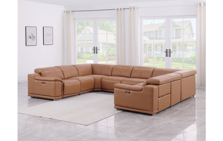 9762 DivanItalia Cognac 8-Piece Sectional Top Grain Italian Leather with 4 Power Recliners