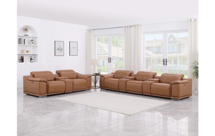 9762 DivanItalia Cognac 8-Piece Modular Power Reclining Sofa and Loveseat Set Top Grain Italian Leather