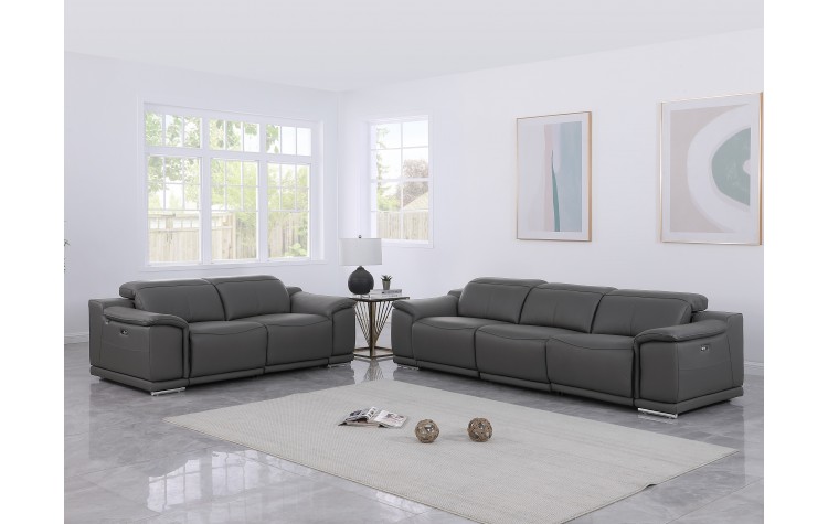 9762 DivanItalia Dark Grey Modular Power Reclining Sofa and Loveseat Set in Top Grain Italian Leather