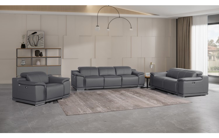 9762 DivanItalia Dark Grey Modular Power Reclining Sofa Loveseat and Chair Set in Italian Top Grain Leather
