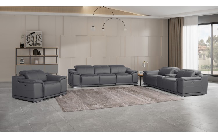 9762 DivanItalia Dark Grey 7-Piece Modular Power Reclining Sofa Loveseat and Chair Set 6 Recliners Top Grain Italian Leather