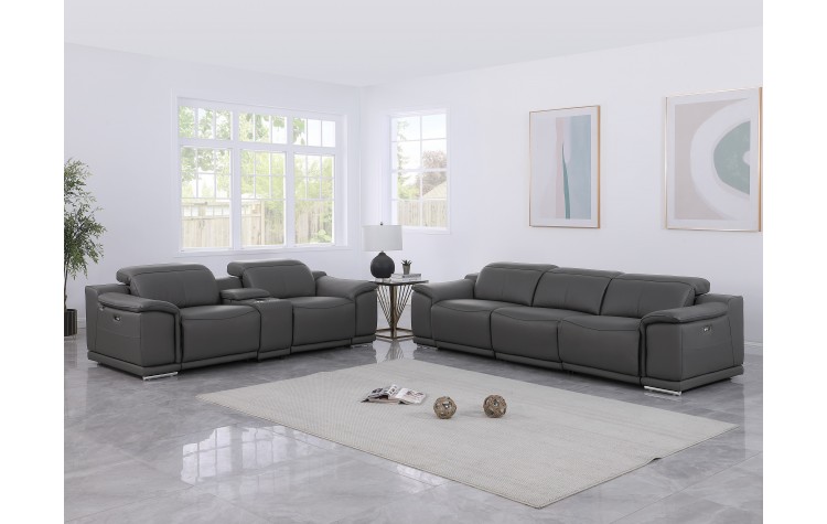 9762 DivanItalia Dark Gray 6-Piece Modular Power Reclining Sofa and Loveseat Set – Top Grain Italian Leather