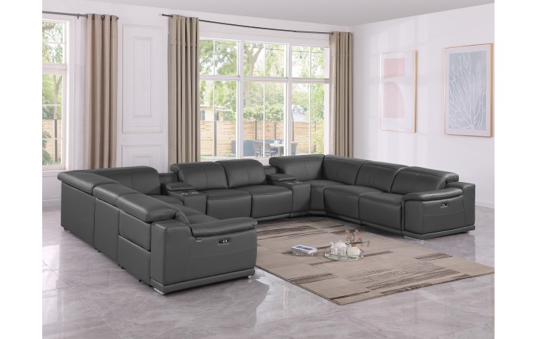 9762 DivanItalia Dark Gray 10-Piece Sectional – Top Grain Italian Leather with 4 Power Recliners  and 2 Consoles