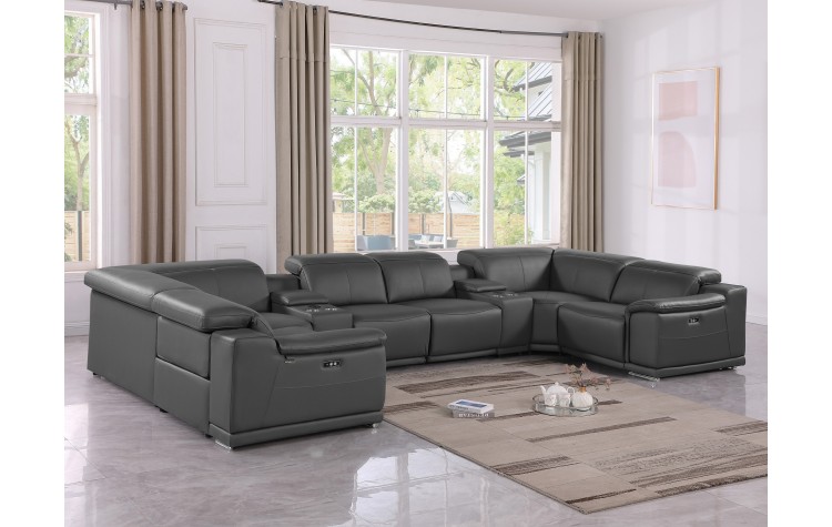 9762 DivanItalia Dark Gray 8-Piece Sectional – Top Grain Italian Leather with 2 Power Recliners and 2 Consoles