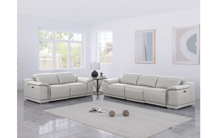 9762 DivanItalia Light Grey Modular Power Reclining Sofa and Loveseat Set in Top Grain Italian Leather