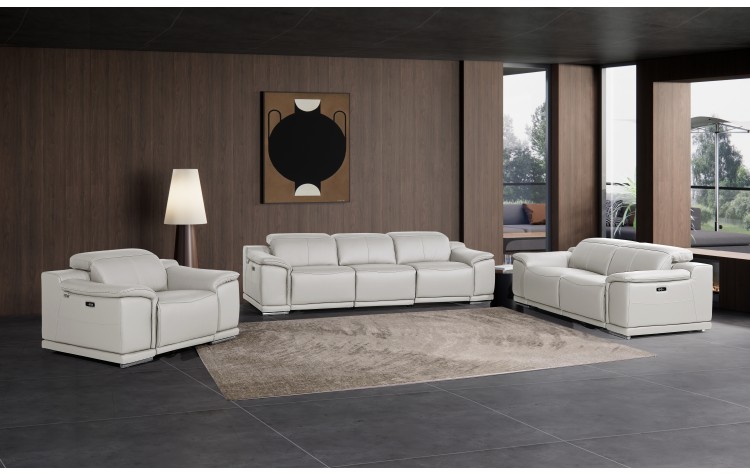 9762 DivanItalia Light Grey Modular Power Reclining Sofa Loveseat and Chair Set in Italian Top Grain Leather