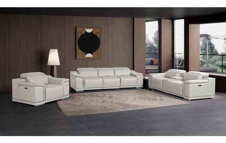 9762 DivanItalia Light Grey 7-Piece Modular Power Reclining Sofa Loveseat and Chair Set 6 Recliners Top Grain Italian Leather