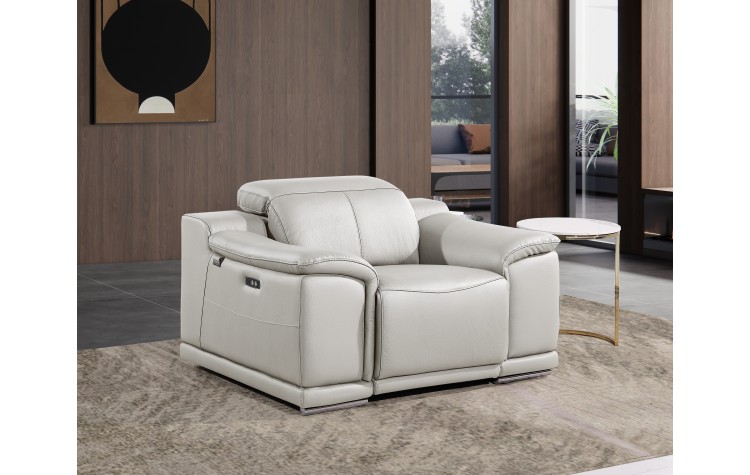 9762 DivanItalia Light Grey Top Grain Italian Leather Power Reclining Chair with Adjustable Headrest