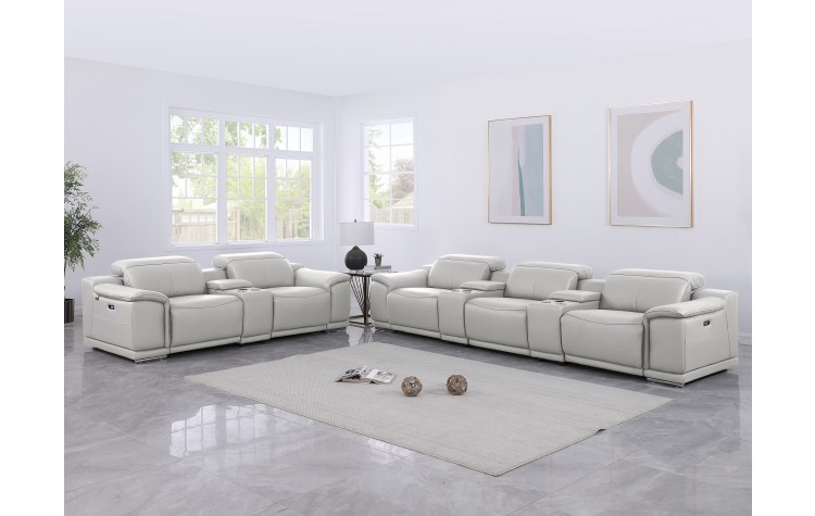 9762 DivanItalia Light Gray 8-Piece Modular Power Reclining Sofa and Loveseat Set – Top Grain Italian Leather