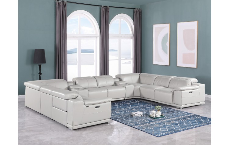 9762 DivanItalia Light Gray 10-Piece Sectional – Top Grain Italian Leather with 4 Power Recliners  and 2 Consoles