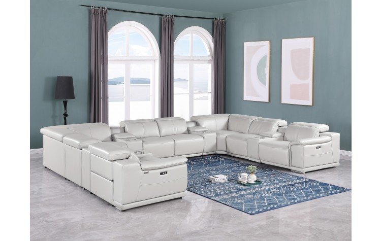 9762 DivanItalia Light Gray 12-Piece Sectional – Top Grain Italian Leather with 4 Power Recliners and 4 Consoles