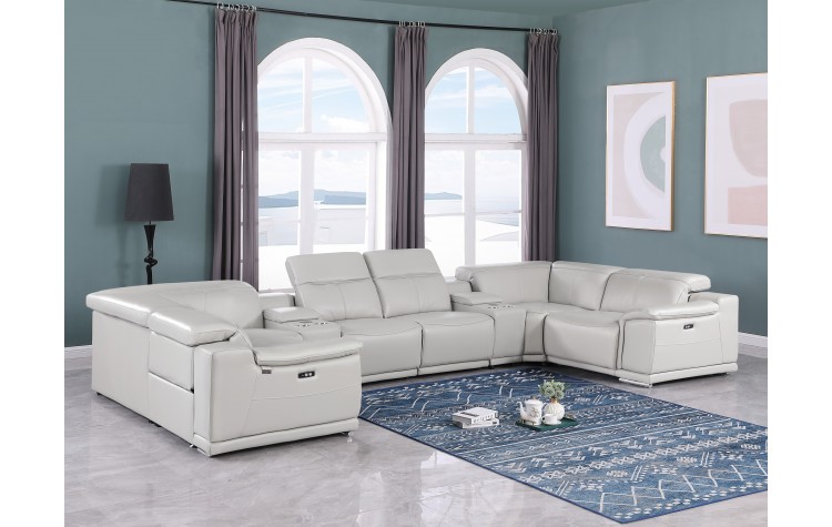 9762 DivanItalia Light Gray 8-Piece Sectional – Top Grain Italian Leather with 2 Power Recliners and 2 Consoles