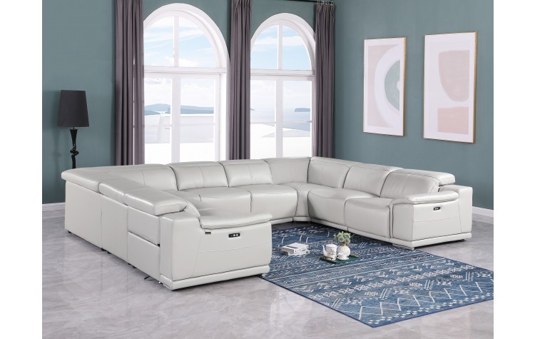 9762 DivanItalia Light Gray 8-Piece Sectional – Top Grain Italian Leather with 4 Power Recliners