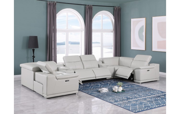 9762 DivanItalia Light Gray 8-Piece Sectional – Top Grain Italian Leather with 4 Power Recliners and 2 Consoles