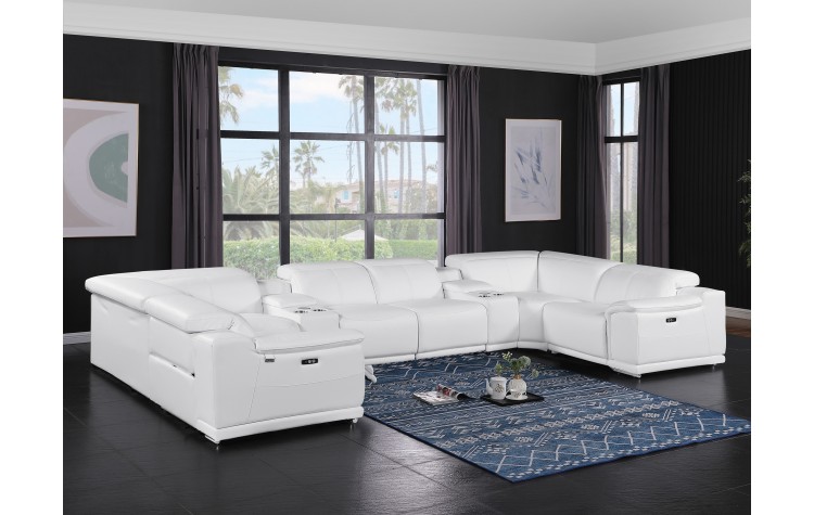 9762 DivanItalia White 10-Piece Sectional – Top Grain Italian Leather with 4 Power Recliners  and 2 Consoles