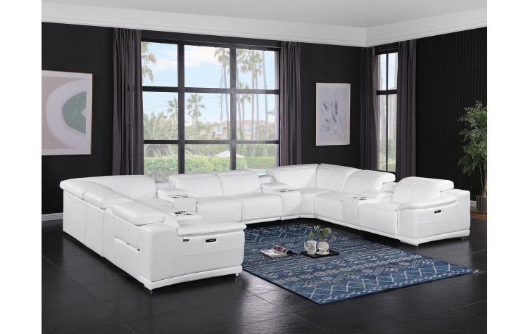 9762 DivanItalia White 12-Piece Sectional – Top Grain Italian Leather with 4 Power Recliners and 4 Consoles