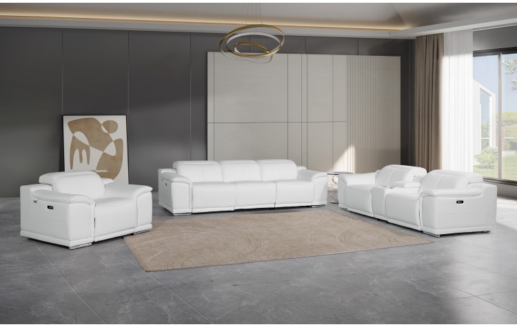 9762 DivanItalia White 7-Piece Modular Power Reclining Sofa Loveseat and Chair Set 5 Recliners Top Grain Italian Leather