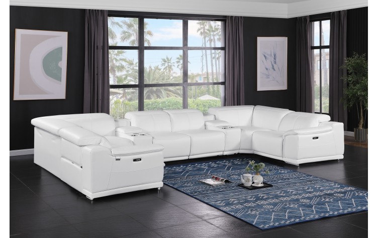 9762 DivanItalia White 8-Piece Sectional – Top Grain Italian Leather with 2 Power Recliners and 2 Consoles