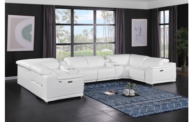 9762 DivanItalia White 8-Piece Sectional – Top Grain Italian Leather with 4 Power Recliners and 2 Consoles