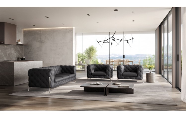 970 - Dark Gray Leather Sofa and Two Chair Set
