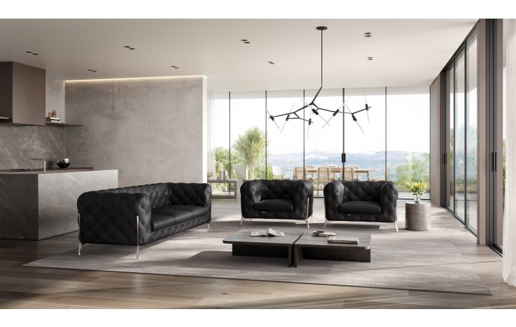 970 - Black Leather Sofa and Two Chair Set