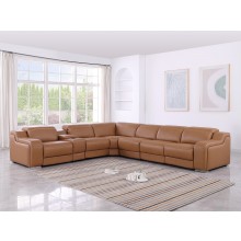 1116 DivanItalia Cognac Top-Grain Italian Leather 7-Piece Sectional with 3 Power Reclining Seats & Power Headrest