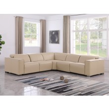 1208 Beige Genuine Leather 5-Piece Sectional with 3 Power Reclining Seats & Power Headrest