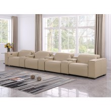 1208 Beige 7-Piece Genuine Leather Power Reclining Sofa with 5 Recliners and Power Headrests