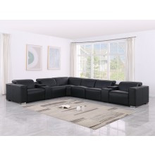 1208 Black Genuine Leather 8-Piece Sectional with 3 Power Reclining Seats & Power Headrest