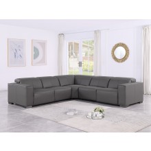 1208 Dark Grey Genuine Leather 5-Piece Sectional with 3 Power Reclining Seats & Power Headrest