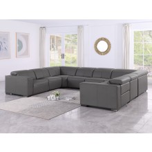 1208 Dark Grey 8-Piece U-Sectional in Genuine Leather with 2 Power Recliners with Power Headrests (No Consoles)