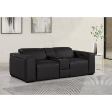 1224 - DivanItalia Black Top Grain Italian Leather Console Loveseat with Power Headrest
