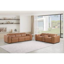 1224 - DivanItalia Cognac Modular Power Triple Reclining Sofa and Console Loveseat Set with Power Headrests - Top Grain Italian Leather