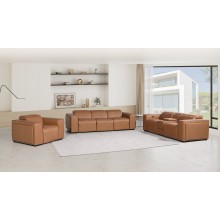 1224 - DivanItalia Cognac Modular Power Triple Reclining Sofa, Console Loveseat, and Chair Set with Power Headrests - Top Grain Italian Leather