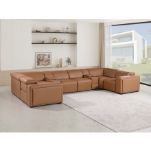 1224 - DivanItalia Cognac 8-Piece U-Shaped Modular Power Reclining Sectional with 2 Power Recliners and Power Headrests - Top Grain Italian Leather