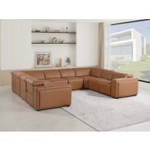1224 - DivanItalia Cognac 8-Piece U-Shaped Modular Power Reclining Sectional with 4 Power Recliners and Power Headrests - No Console - Top Grain Italian Leather