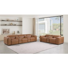 1224 - DivanItalia Cognac Modular Power Reclining Dual Console Sofa and Console Loveseat Set with Power Headrests - Top Grain Italian Leather